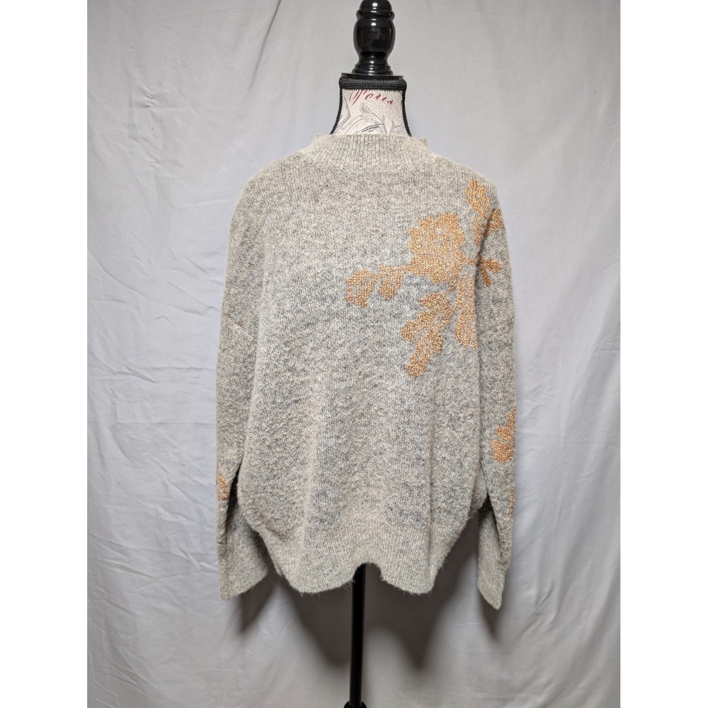 Lovestitch Gray Knit Sweater Gold Metallic Boho‎ Floral Textured Women's Small